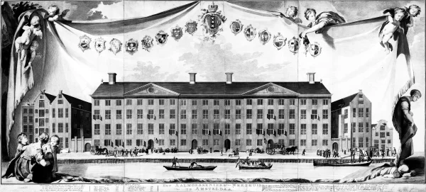 Afbeelding uit: 1758. Het Aalmoezeniersweeshuis. De figuren op de voorgrond zijn getekend door Jacob de Wit, de architectuur en de kleinere figuren zijn van de hand van Cornelis Pronk.
Bron afbeelding: SAA, bestand 010056917656.