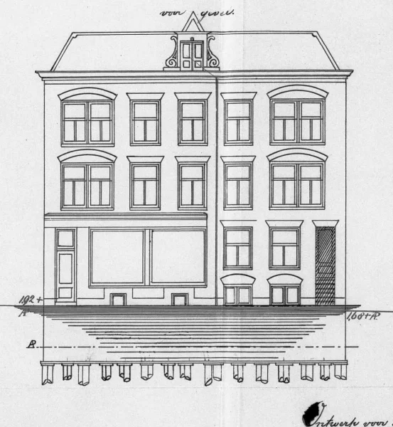 Afbeelding uit: 1897. Ontwerp voor het volkskoffiehuis van B.A. Grotegoed.
Bron afbeelding: Stadsarchief.