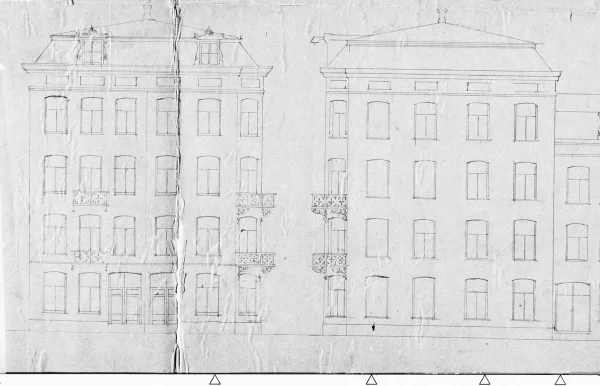 Afbeelding uit: september 1873. Gevels Amsteldijk (links) en Govert Flinckstraat.
Bron afbeelding: Stadsarchief.