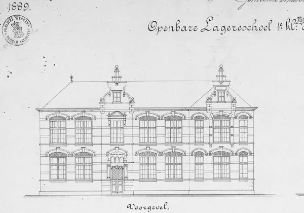 Afbeelding uit: 1889. Het ontwerp voor de oorspronkelijke voorgevel.