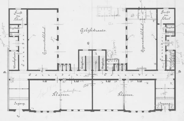 Afbeelding uit: 1891. Plattegrond van de begane grond. Met dunne scheidingswanden in de klaslokalen.