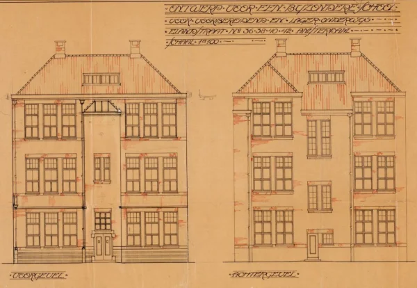 Afbeelding uit: 1919. Ontwerp van de voor- en achtergevels. Bron: archief K.P. Tholens, SAA.