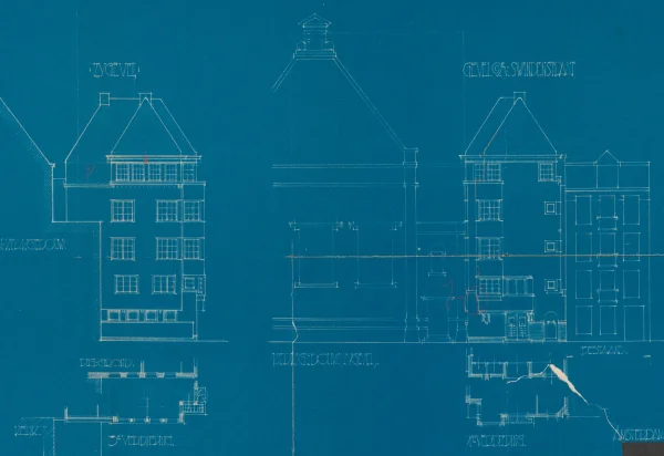 Afbeelding uit: september 1927. Ontwerptekeningen van de zij- en voorgevels van het wijkgebouw.