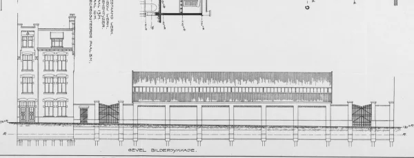 Afbeelding uit: 1908. "Dienstgebouw met woningen aan de Tollensstraat en Bilderdykkade"