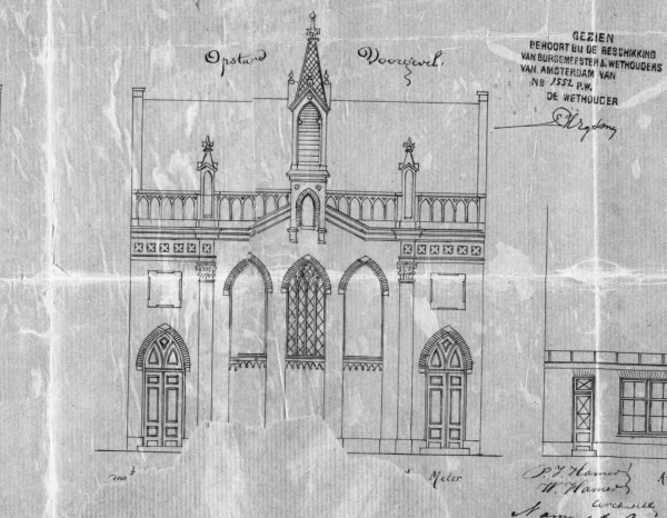 Afbeelding uit: 1880. Ontwerp van de voorgevel van het evangelisatiegebouw.