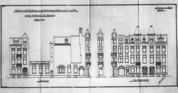 Afbeelding uit: 1902. Aanzichten (v.l.n.r.) Banstraat, hoek, en Johannes Verhulststraat.
Bron afbeelding: Stadsarchief.