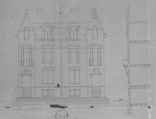 Afbeelding uit: 1884. Het ontwerp uit 1884 voor nummers 21 en 23.
Bron afbeelding: Stadsarchief.
