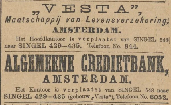 Afbeelding uit: juli 1904. Verhuisbericht in Het Nieuws van den Dag van 6 juli 1904.