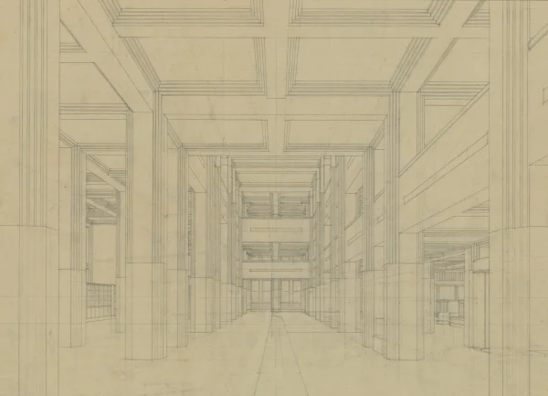 Afbeelding uit: circa 1922. Perspectieftekening van een deel van de centrale hal.