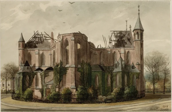 Afbeelding uit: november 1904. Tekening van de kerk na de brand van november 1904.