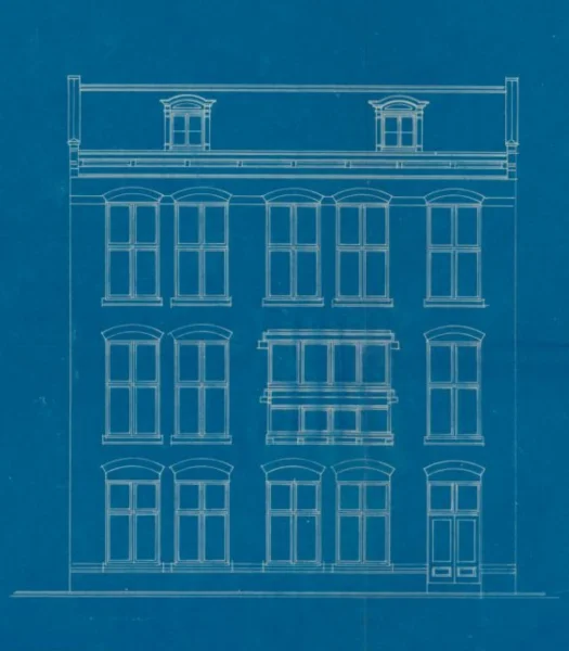 Afbeelding uit: 1908. Het ontwerp van de achtergevel. Het brede raam op de eerste verdieping was van een monsterkamer.