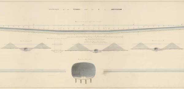 Afbeelding uit: 1850. Het plan van ir. W.C. Brade voor een tunnel met gemetselde opritten en een gietijzeren tunnelbuis. (2)
Bron afbeelding: Stadsarchief.