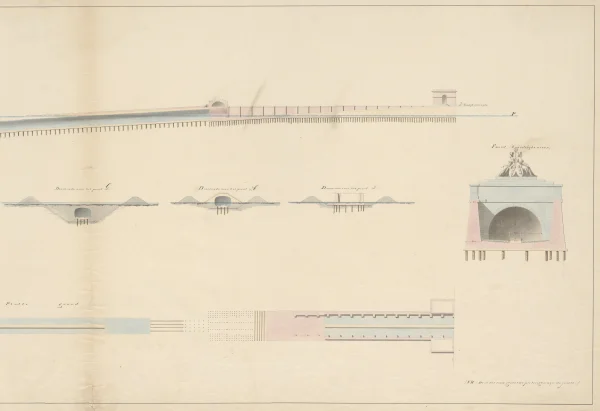Afbeelding uit: 1850. Het plan van ir. W.C. Brade voor een tunnel met gemetselde opritten en een gietijzeren tunnelbuis. (3)
Bron afbeelding: Stadsarchief.