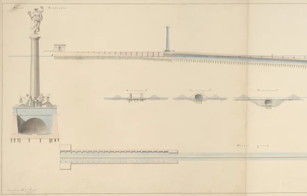 Afbeelding uit: 1850. Het plan van ir. W.C. Brade voor een tunnel met gemetselde opritten en een gietijzeren tunnelbuis. (1)
Bron afbeelding: Stadsarchief.