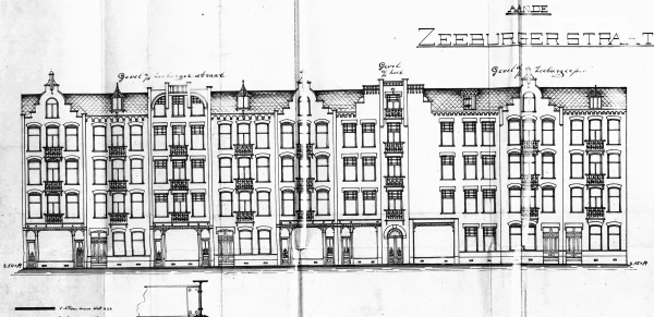 Afbeelding uit: 1902. Het ontwerp van de voorgevels. Enigszins gewijzigd uitgevoerd.
Bron afbeelding: Stadsarchief.