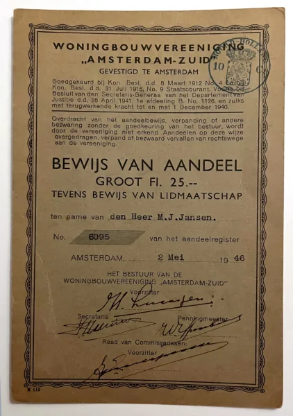 Afbeelding uit: 1946. Bij wijze van inschrijfgeld kochten nieuwe leden een aandeel in de vereniging.