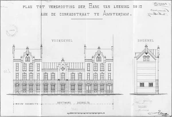 Afbeelding uit: 1887. Bouwtekening van de uitbreiding van 1887.
Bron afbeelding: Stadsarchief.