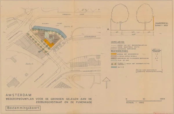 Afbeelding uit: 1952. Kaart van het wederopbouwplan. In het geel de winkels met bovenwoningen.