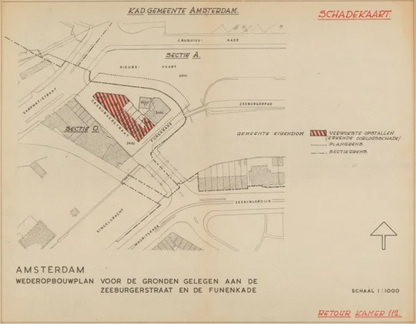 Afbeelding uit: 1946. Schadekaart Zeeburgerstraat, met de door de bezetter afgebroken panden.