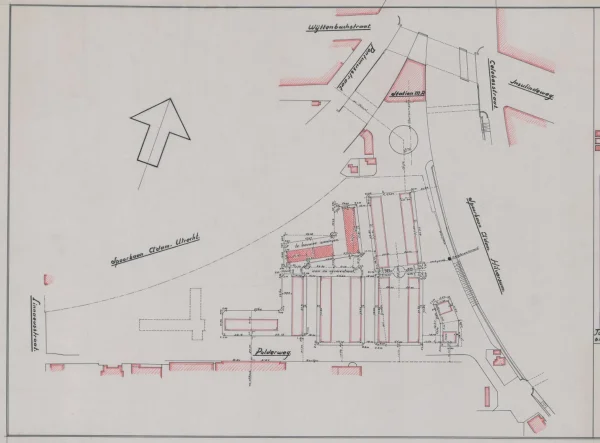 Afbeelding uit: 1939. Architect Greiner voegde bij zijn ontwerp deze situatiekaart, die laat zien hoe in het uitbreidingsplan de overige blokken gepland waren. Na de oorlog werd gekozen voor een andere stedenbouwkundige opzet.
