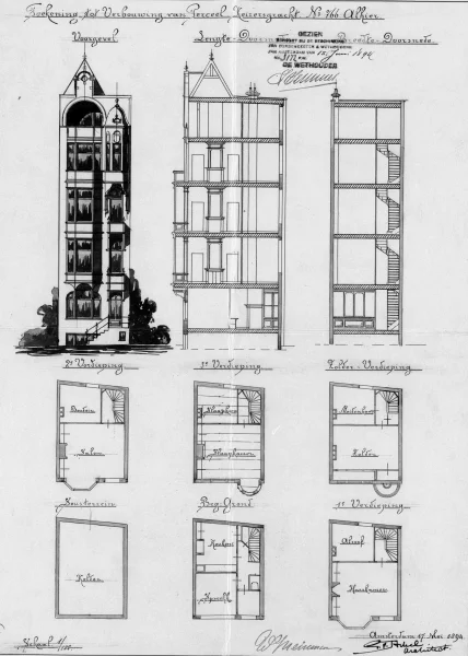 Afbeelding uit: 1894. Aanzicht, doorsnedes en plattegronden.
Bron afbeelding: Stadsarchief.