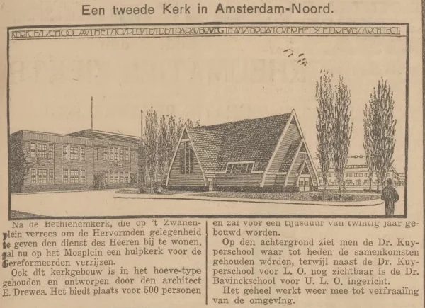Afbeelding uit: april 1925. Presentatietekening van de houten voorganger van de huidige kerk, gepubliceerd in De Amsterdammer van 8 april 1925..