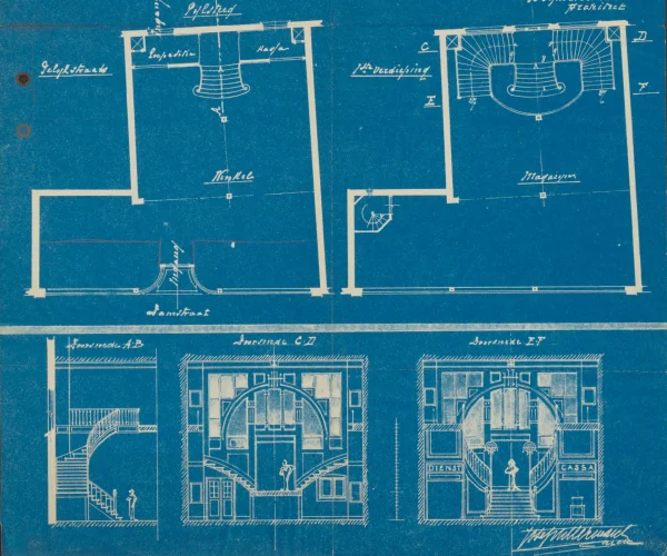 Afbeelding uit: 1909. Plattegronden en doorsnedes, verbouwing 1909 door Jos. Herman.