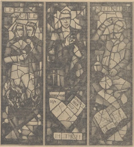 Afbeelding uit: december 1934. Krantenfoto van de glas-in-loodramen van Schoonbrood. V.l.n.r.: Von Liebig en Wöhler; Van 't Hoff; Berthelot.