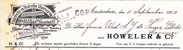 Afbeelding uit: 1903. Briefhoofd van Höweler & Co. Het was een brief aan de mast- en blokmakerij wed. S.J. de Vries te Lemmer.