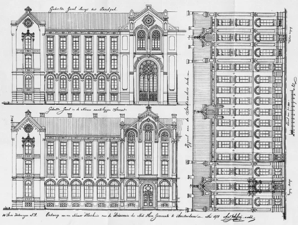 Afbeelding uit: mei 1878. Gevels: linksboven aan het Zandpad (gedeeltelijk), linksonder aan de 'nieuw aan te leggen straat' (gedeeltelijk), rechts aan de Stadshouderskade.
Bron afbeelding: Stadsarchief.