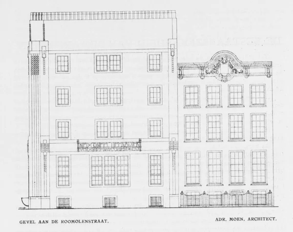 Afbeelding uit: 1921. Tekening van de zijgevel, gepubliceerd in het Bouwkundig Weekblad.