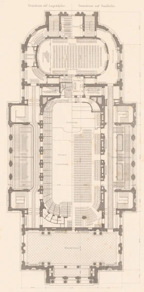 Afbeelding uit: 1884. Plattegrond van het gebouw in Leipzig. De linkerhelft toont de eerste verdieping, de rechter de begane grond.