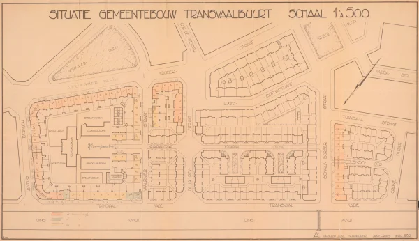Afbeelding uit: 1930. Het gehele plan. De in 1930 uitgevoerde delen zijn met een kleur gemarkeerd.