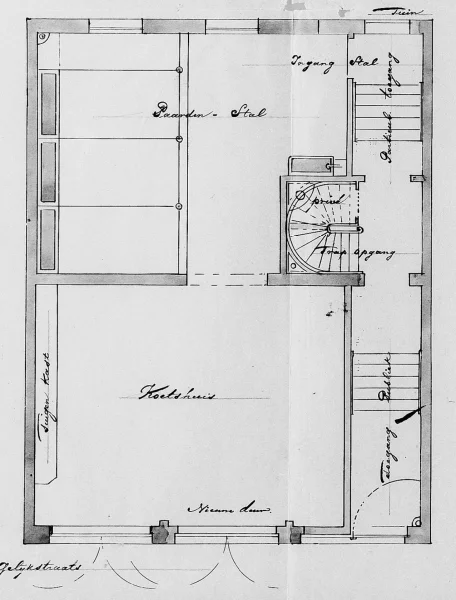 Afbeelding uit: 1869. Plattegrond van de begane grond: koetshuis met stal.
Bron afbeelding: Stadsarchief.