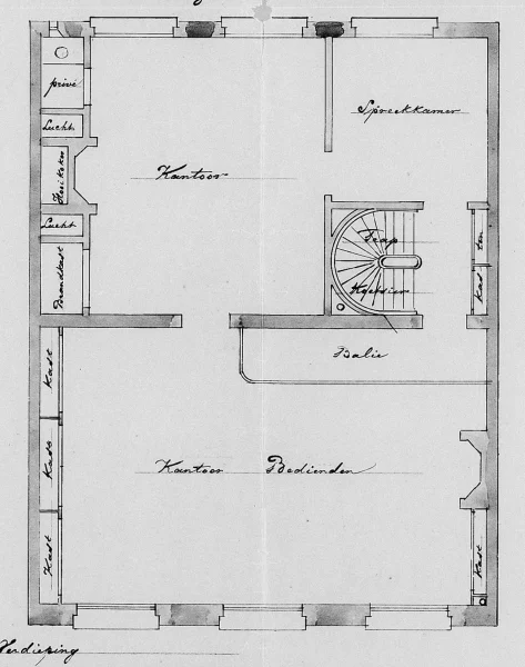 Afbeelding uit: 1869. Plattegrond van de eerste verdieping, met het kantoor.
Bron afbeelding: Stadsarchief.