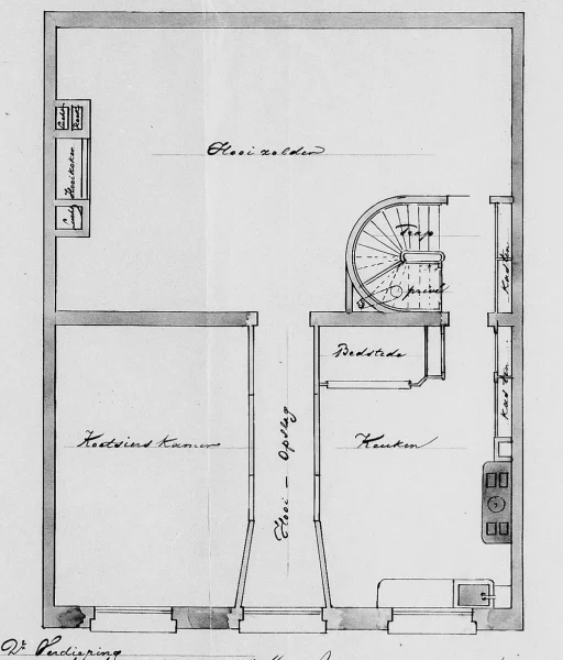 Afbeelding uit: 1869. Plattegrond van de tweede verdieping. Erboven was nog een hooizolder.
Bron afbeelding: Stadsarchief.