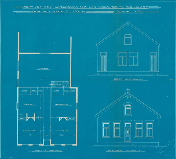 Afbeelding uit: 1920. Deze tekening in het bouwdossier laat zien dat de voorgevel in de jaren 1920 vernieuwd is. Rechtsonder staat "Zunderdorp / ? maart 1920 / D. Draak".