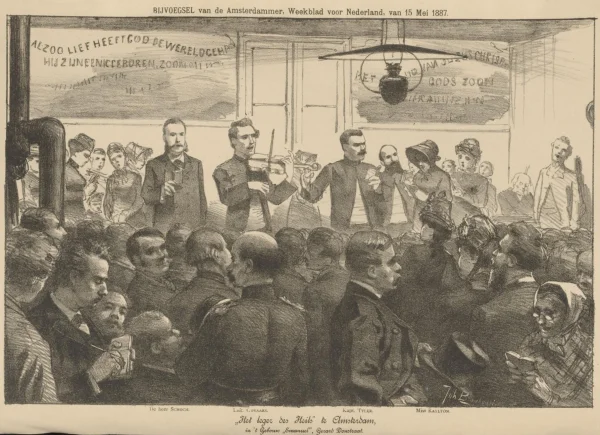 Afbeelding uit: mei 1887. Tekenaar Braakensiek was ook aanwezig bij een van de eerste bijeenkomsten van het Leger. De prent verscheen in het weekblad De Amsterdammer van 15 mei 1887. Collectie Rijksmuseum.