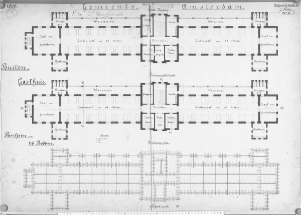 Afbeelding uit: 1890. Plattegronden van de begane grond en de eerste verdieping (de tweede verdieping is later toegevoegd).