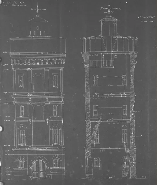 Afbeelding uit: 1886. De gasfabriek had een eigen watertoren van circa 25 meter hoog. Er werd ook ammoniak in opgeslagen. Afgebroken in 1932-1933. Aanzicht en doorsnede.