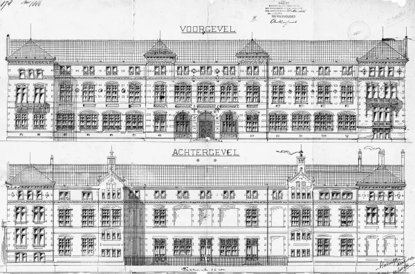Afbeelding uit: 1886. Het ontwerp van de voor- en achtergevels.