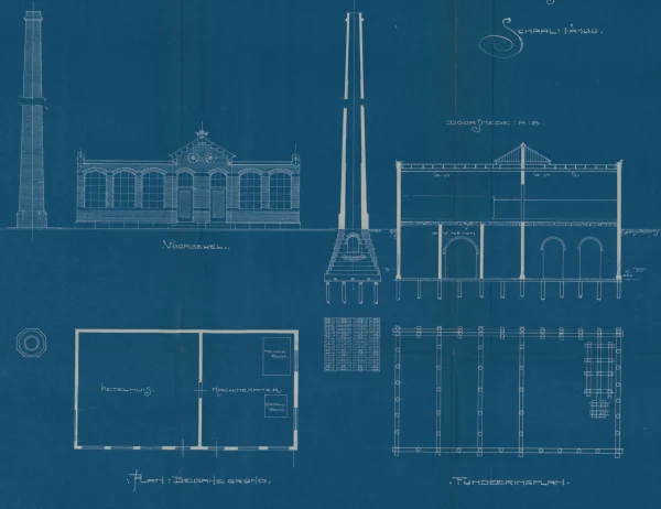 Afbeelding uit: 1911. Bouwtekening van ketelhuis, machinekamer en schoorsteen.