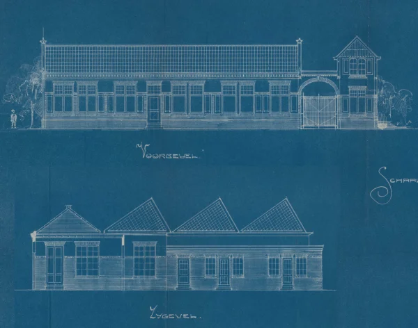 Afbeelding uit: 1911. Ontwerp van voor- en zijgevel van het fabrieksgebouw.