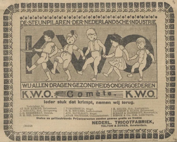 Afbeelding uit: september 1911. Advertentie voor krimpvrij wollen ondergoed (K.W.O.) in het Algemeen Handelsblad van 22 september 1911. Met Amsterdamse winkels waar het verkrijgbaar was.
