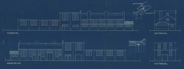 Afbeelding uit: 1934. Gevels van de lakstokerij annex opslagruimte.