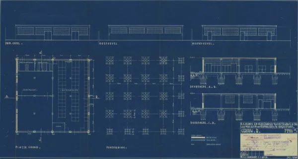 Afbeelding uit: 1934. Gevels, plattegrond, funderingsplan en doorsneden van het toen nog één verdieping hoge fabriekspand uit 1934.