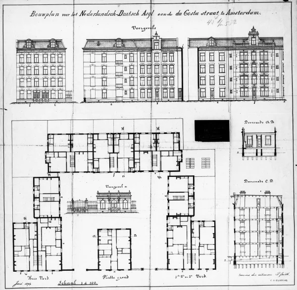 Afbeelding uit: 1894. Bouwplan voor het Nederlandsch-Duitsch Asyl aan de Da Costastraat te Amsterdam.
Bron afbeelding: Stadsarchief.