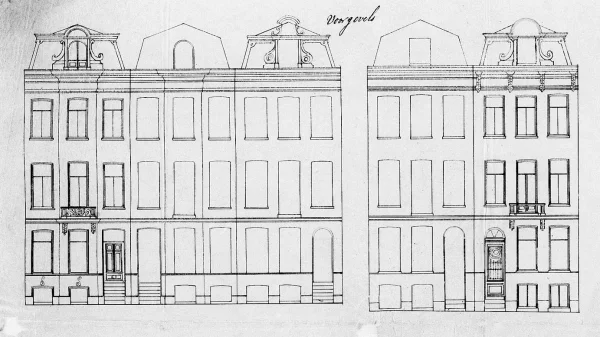 Afbeelding uit: 1881. Het ontwerp van de voorgevels van (v.l.n.r.) Stadhouderskade 139, 138 en 137 en Hemonystraat 7 en 9.
Bron afbeelding: Stadsarchief.