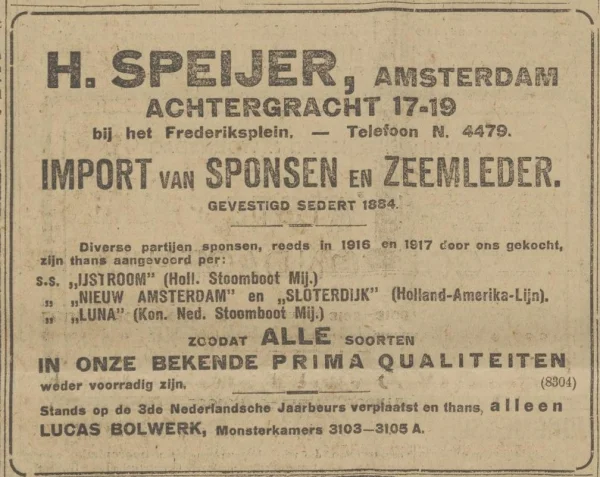 Afbeelding uit: februari 1919. Advertentie van Speijer in het Algemeen Handelsblad van 15 februari 1919.