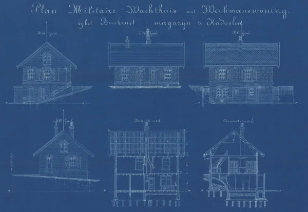 Afbeelding uit: 1891. "Plan Militaire Wachthuis met Werkmanswoning bij het Buskruitmagazijn te Kadoelen"